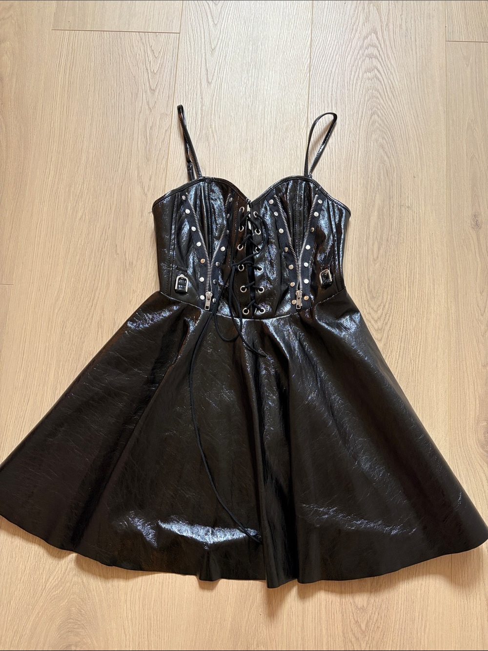 Hot & Delicious Black Faux Leather Lace-Up Corset Mini Dress